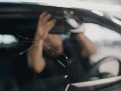 Blick von außen auf den Riß einer Windschutzscheibe - im Hintergrund ist die verschwommene Sillouette eines Mannes zu sehen, der den Rückspiegel hält